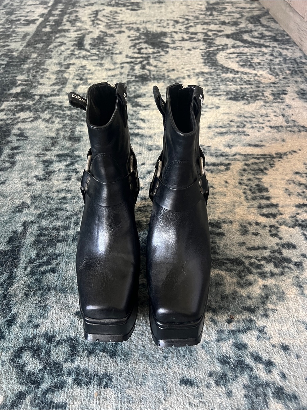 R13 Black Leather Platform Harness Ankle Boots